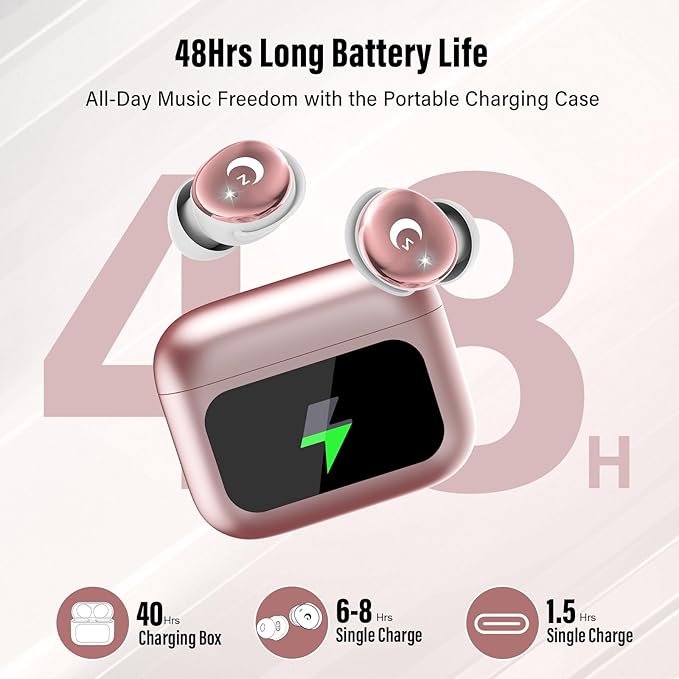 Sleep Earbuds Bluetooth 5.4 Smart Touch Screen in Ear Ear Buds, 48H Mini Sleep Headphones Small Design for Side Sleepers, Clear Calls, 5 EQ Modes, IPX7 Waterproof Earphones, Rose Gold Earbuds