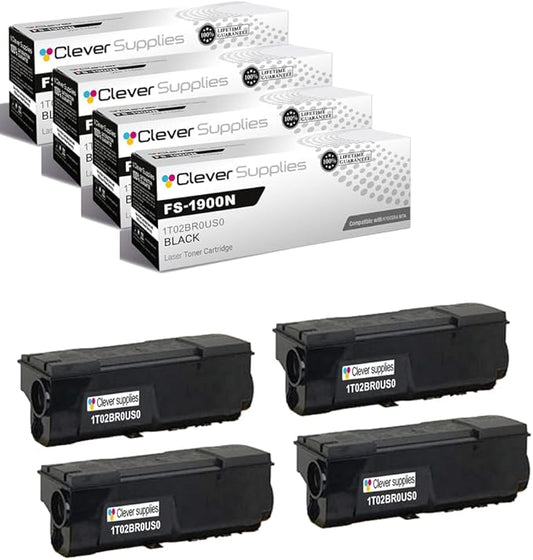 Clever Supplies CS Replacement Compatible with Kyocera FS 1900N Toner Cartridge 1T02BR0US0 to use with FS-3800 FS-1800 FS-1800N FS-1900 FS-3800N (Black, 4-Pack)