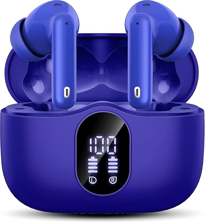 Wireless Earbuds, Bluetooth 5.4 Headphones Bass Stereo, Ear Buds with Noise Cancelling Mic LED Display, IP7 Waterproof in Ear Earphones, 36H Playtime for Laptop Pad Phones Sports Workout, Dark Blue