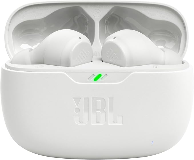 JBL Vibe Beam - True Wireless JBL Deep Bass Sound Earbuds, Bluetooth 5.2, Water & Dust Resistant, Hands-free call with VoiceAware, Up to 32 hours of battery life (White)