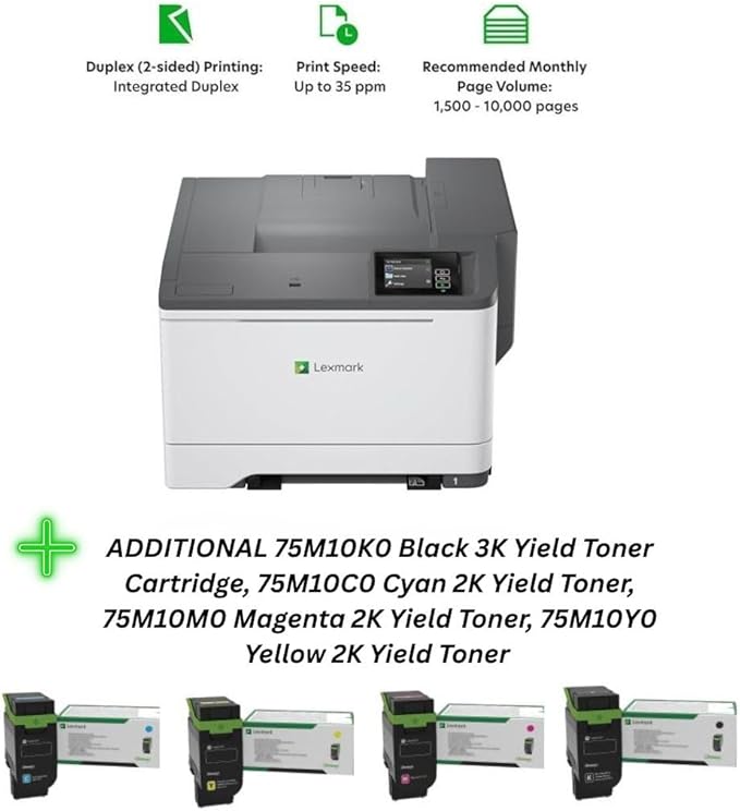 LEXMARK CS531dw Color Laser Wireless Printer (50M0020), Bundle with 75M10K0 Black 3K Yield Toner, 75M10C0 Cyan 2K Yield Toner, 75M10M0 Magenta 2K Yield Toner, 75M10Y0 Yellow 2K Yield Toner