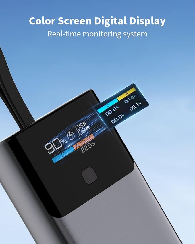 Miady Portable Charger, PD 35W Fast Charging Small Power Bank has Smart Digital Display Screen, 10000mAh Battery Pack Built-in USB-C Cable Compatible with iPhone 16/15 Galaxy S24/S22 Android and More