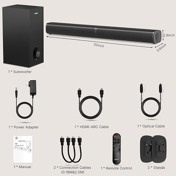 Wohome 2 in 1 Detachable Sound bar with Subwoofers, 4.1 Channel Bluetooth Sound Bar for Smart TV, Home Theater Surround Sound System, Optical,HDMI-ARC, USB Input, Bass Adjust, Remote/Button Control