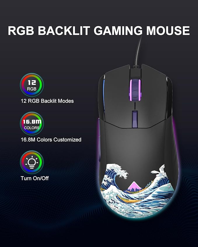 Womier G705 USB Wired Gaming Mouse for PC Computer Windows Mac Laptop, Lightweight Silent RGB Backlit Mouse with Adjustable 12000DPI/7 Programmable Side Buttons,Black Kanagawa Theme