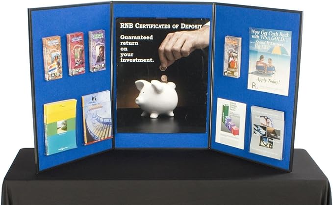 Tri Fold 3-Panel Display Board, 72 x 36, with Blue Hook & Loop-Receptive Fabric and Write-on Whiteboard