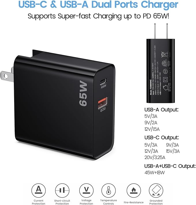 PD 65W USB C Super Fast VR Charger Compatible with Meta Oculus Quest 3s, Quest 3 2 - Dual Port USB + Type C Adapter with 6.6ft C to C Charging Cable for Pico 4 Ultra VR Headsets, Black