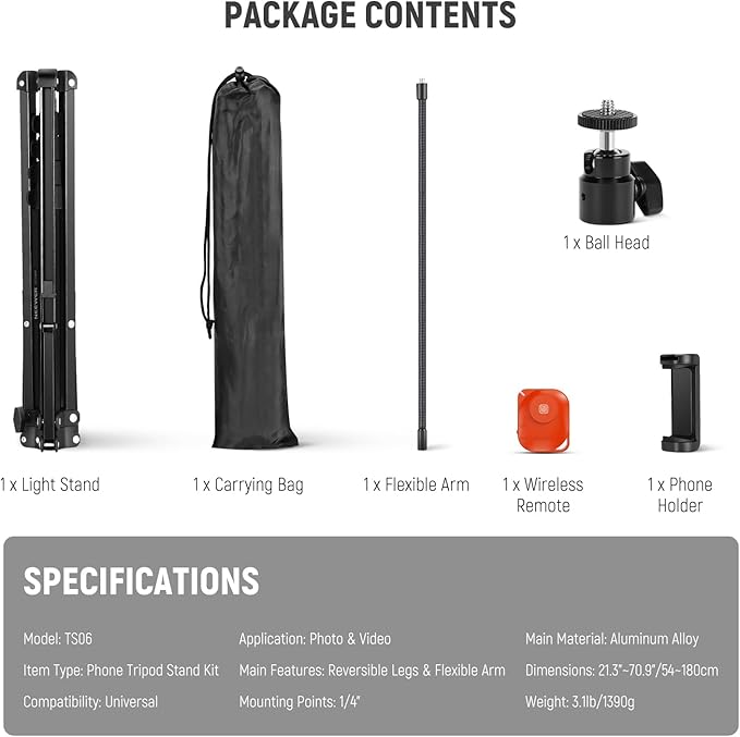 NEEWER 71" Phone Tripod Stand with Reversible Legs Flexible Arm 360° Ball Head Phone Holder & Remote, Portable Photography Light Stand Compatible with iPhone 16 15 Pro Max for Video Recording, TS06