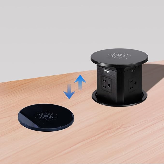 65W Pop up Outlet for countertop 4.4in 4 Outlets 10W Wireless Charger Receptacle Charging Statio Fast Charging 2 USB A 2 USB C for Kitchen Office,6ft Cord(No Retaining Ring) (Black)