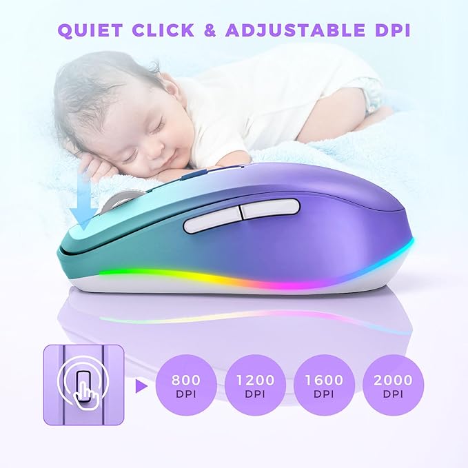 Wireless Mouse Jiggler - LED Wireless Mice with Build-in Mouse Jiggler Mover, Rechargeable Moving Mouse for Computer with Undetectable Random Movement Keeps Computer Awake - Gradient Purple