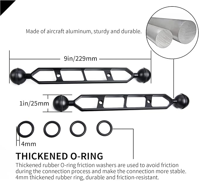 Black 9" Underwater Aluminum Alloy Extension Arm (2-Pack) - Dual Ball System with 1" Head Connector, Waterproof & Rustproof for Diving Camera Tray/Strobe/Video Light, Scuba Photography Gear