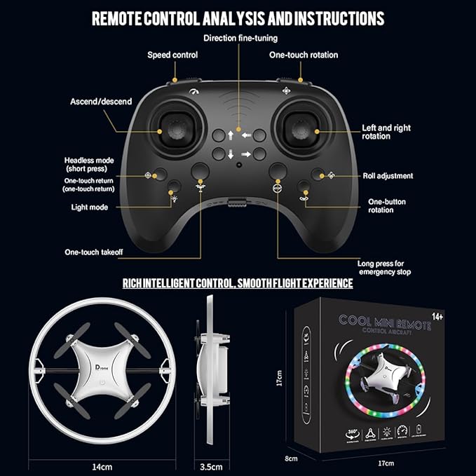 Small Remote Control Drone Quadcopter, 360 Degree Flip LED Light, 90 Degree Circle Flight, 8-12 Years Old Children's toy Mini Drone Christmas Gift