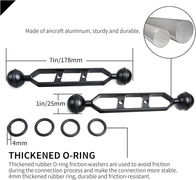 Black 7" Underwater Aluminum Alloy Extension Arm (2-Pack) - Dual Ball System with 1" Head Connector, Waterproof & Rustproof for Diving Camera Tray/Strobe/Video Light, Scuba Photography Gear