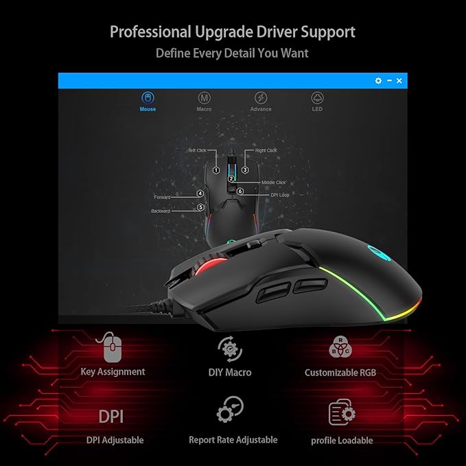 Wired Gaming Mouse,All Keys are editable, 12 Backlit Modes,8000 DPI Wired Optical Mouse,Software Supports diy Keybinds Button For Gamer Bigger and office