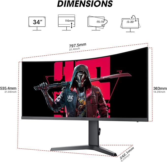 KOORUI 34-inch Curved Ultrawide WQHD 3440×1440 Gaming Monitor, 165Hz 1000R- PIP/PBP, 1ms(MPRT), HDR400, DCI-P3 95%, FreeSync Premium, 1 x DP 1.4 & 2 x HDMI 2.0, Tilt Height Swivel Adjustment, 34E6UC