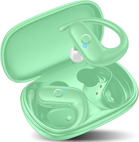 kurdene Wireless Earbuds Bluetooth Headphones Sport,Over Ear Buds with Deep Bass Sound,60Hrs Playtime Earphones Redesigned Comfort Fit with Earhooks for Running,Meeting,Workout-Mint Green