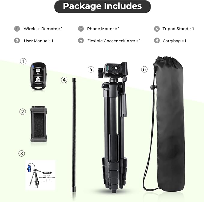 Aureday Phone Tripod, 82" Tripod for iPhone with Flexible Gooseneck, Wireless Remote and Phone Holder, Extendable Cell Phone&Camera Tripod Stand for Selfies/Video Recording/Live Streaming/Vlogging