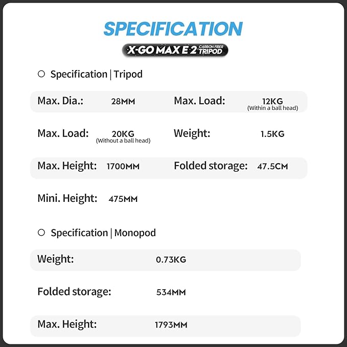 Fotopro 68" Carbon Fiber Tripod for Camera Compact Travel Tripod with Ball Head, Detachable Monopod with Quick Release Plate and Carry Bag Load up to 26lbs/12KG X-go Max E2 Black