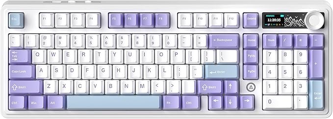 AK980 97Keys Tri-Mode Full Mechanical Keyboard, Gasket-Mounted, Hot-Swappable, 1.14” TFT Smart Display, Bluetooth 5.1/2.4G Wireless/Wired, PBT Keycaps RGB Backlit (Purple, Qingyun Tactile Switch)