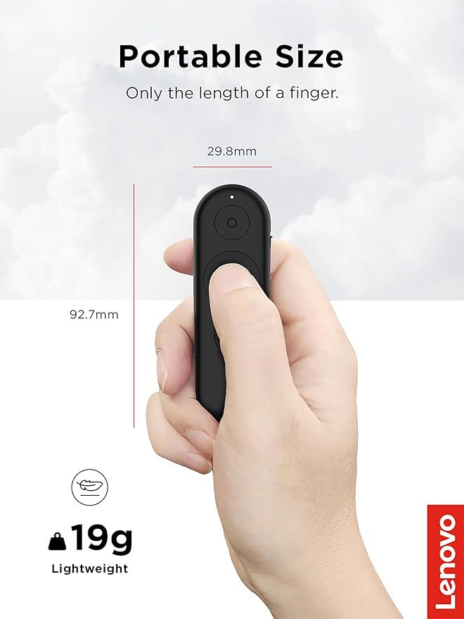 Lenovo Portable Rechargeable Presentation Remote, Wireless, Bluetooth, Digital Pointer, Lightweight, 30M Range, Black