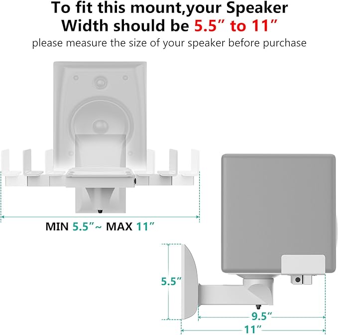 WALI Speaker Wall Mounts, Dual Side Clamping Bookshelf Mounting Bracket for Large Surrounding Sound Speakers, Hold up to 55 lbs. (SWM201-W), 1 Pair, White