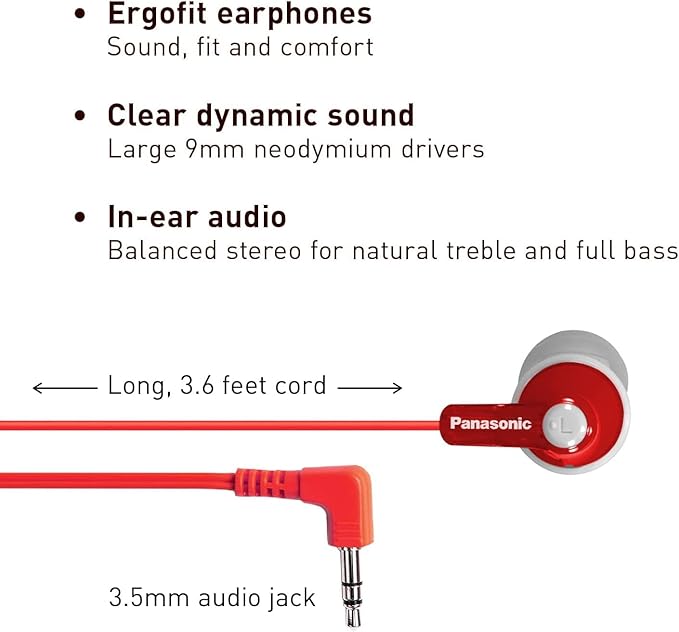 Panasonic ErgoFit Wired Earbuds, 3.5mm Jack In-Ear Headphones Wired with Dynamic Crystal-Clear Sound and Ultra Soft Ergonomic Custom-Fit Earpieces (S/M/L), for Phones and Laptops - RP-HJE120-R (Red)