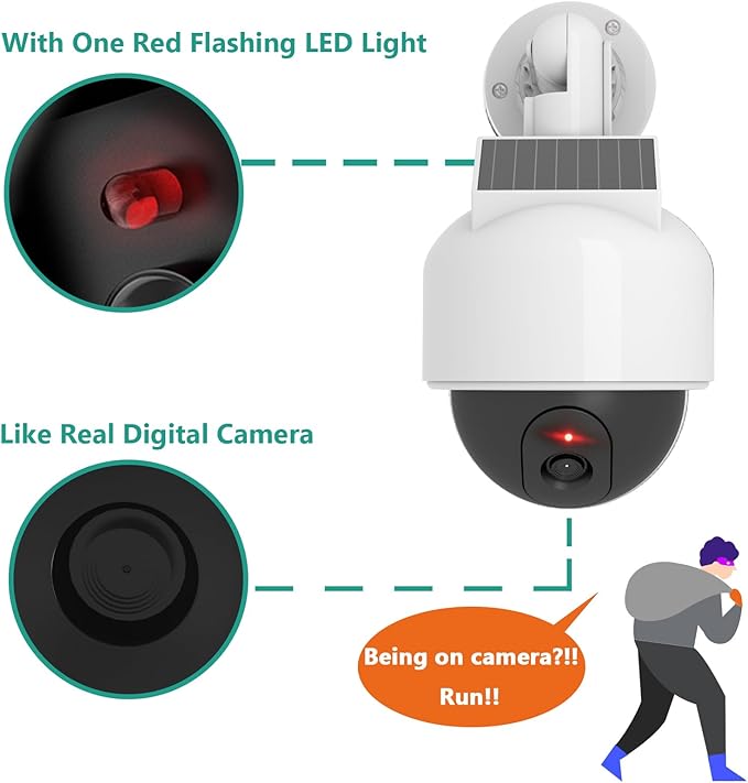 WALI Solar Fake Security Camera, Wireless Dummy Dome Camera Simulated Surveillance Cameras for Home Garden& Business Outdoor/Indoor with Flashing Red LED(DOW-SOL),White