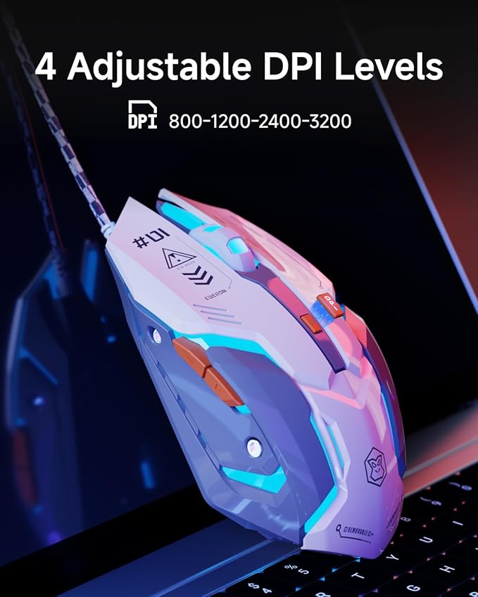 EWEADN G10 Wired Gaming Mouse, Computer Mouse with RGB Backlit, 3200 DPI Adjustable, Quiet Clicks, Ergonomic Mouses with 6 Buttons and 4.2FT Cord, USB Wired Mouse for PC/Win/Laptop, Gray-White