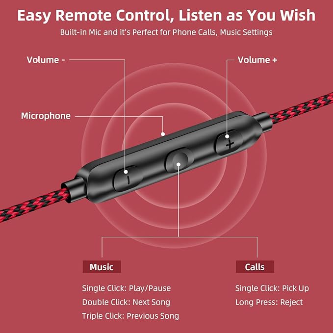 Jiunai Wired Earbuds Mic 3.5 mm Jack in Ear Wired Earphone Magnetic Snap Noise Isolated Corded Ear Bud for iPhone Galaxy A15 A25 iPad Surface Fire CD Player Radio Travel Essential Gradient Black Red