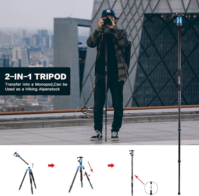 ZOMEI Z818 Tall Camera Tripod 65'' Aluminium Alloy Monopod with 360 Panorama Ball Head Quick Release Plate(Blue)