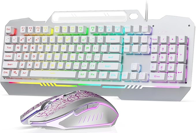 AULA Gaming Keyboard, T102 104 Keys Keyboard and Mouse Combo, USB Wired Computer Keyboards Mechanical Feel Full Size, RGB Backlit for PC/Laptop Gaming or Working/Office (White)