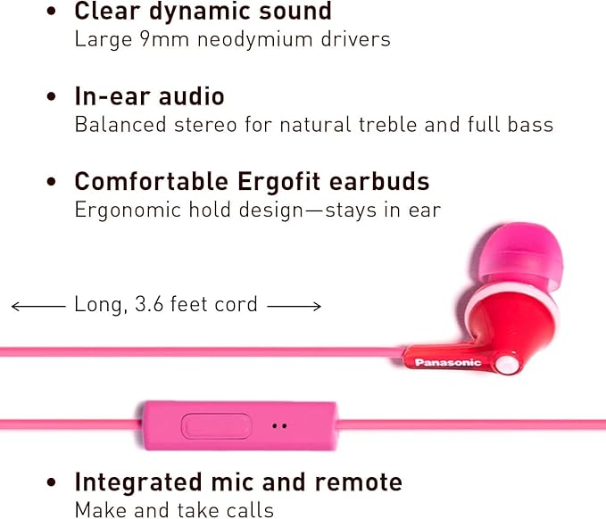 Panasonic ErgoFit Wired Earbuds With Microphone, 3.5mm Jack Wired Headphones with Mic and Call Controller, Ergonomic Custom-Fit Earpieces (S/M/L), for Phones and Laptops - RP-TCM125-P (Pink)