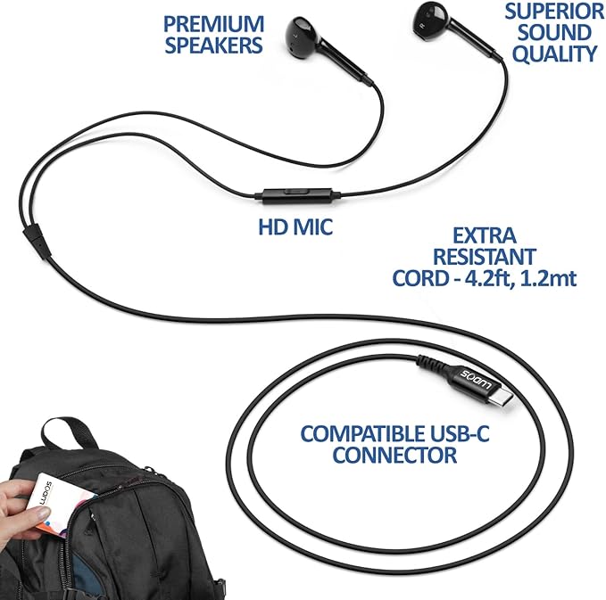 LUDOS Zenith USB C Headphones for iPhone 17 16 15 Pro Max Plus Air iPad Pro Air, 2 Years Warranty, USB-C Earbuds for Galaxy S24 S23 Ultra S22 S21 S20 A55 A54 A53, USB Type C Earphones - Black