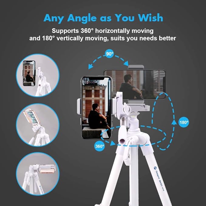 59'' Camera Tripod, Fotopro Portable Tripod for iPhone with Bluetooth Remote, Aluminum Video Camera Tripod for Canon Action Camera with 3-Way Head & Adjustable Phone Mount