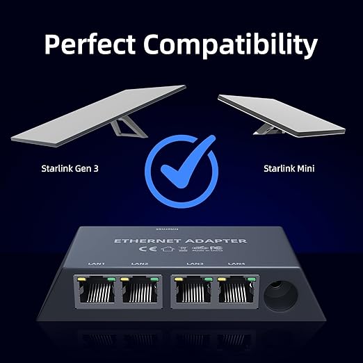 Starlink Ethernet Adapter 4 Port for Gen 3 & Mini with Ethernet Cable 1.6 Feet 1Gbps Wired Network Adapter with 4 RJ45 Ports for Wired Connection Simultaneous Stable Internet for 4 Devices
