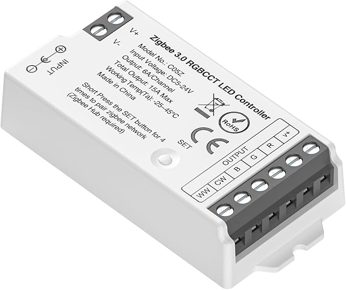 BTF-LIGHTING Tuya Zigbee 3.0 C05Z Controller Support RGBCCT 6 pin (+V R G B CW WW) PWM LED Strip Bulb Compatible with Echo Plus/4th Gen Tuya Gateway DC5V/DC12V/DC24V Max 15A