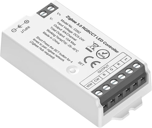 BTF-LIGHTING Tuya Zigbee 3.0 C05Z Controller Support RGBCCT 6 pin (+V R G B CW WW) PWM LED Strip Bulb Compatible with Echo Plus/4th Gen Tuya Gateway DC5V/DC12V/DC24V Max 15A