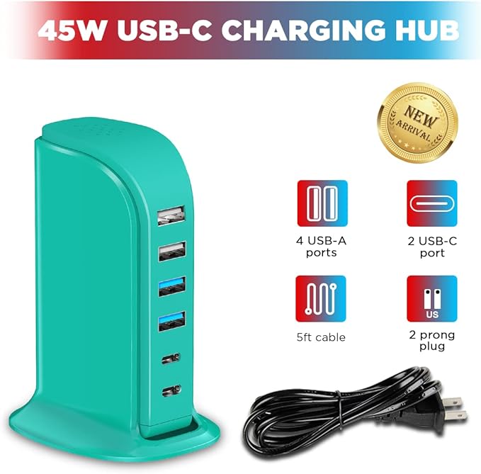 USB Charger Block Upoy, Charging Station for Multiple Devices Apple, USB Hub Power Strip Multiple Ports, Power Block Adapter for Phone, Tablet, Ear Buds, C Charger Block with 5ft Extension Cord