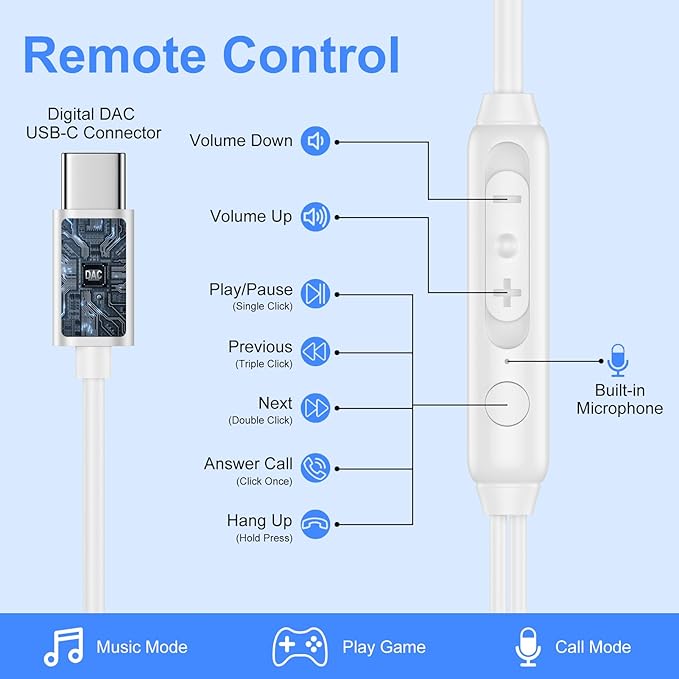 Type C Headphones Wired for iPhone 16e 17/16 Pro Max/16 Pro/16 Plus/16/15, USB C Earphones Noise Canceling Earbuds with Mic & Remote Control for Samsung Galaxy S25 Ultra S24FE S23 S22 A17 A16,Pixel 10