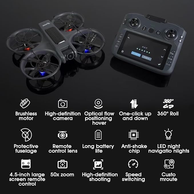 4.5-Inch Screen Remote Control Drone with Dual Cameras | Brushless Motor, 40-Min Flight, Foldable Quadcopter, Optical Flow Positioning, Wind Resistance