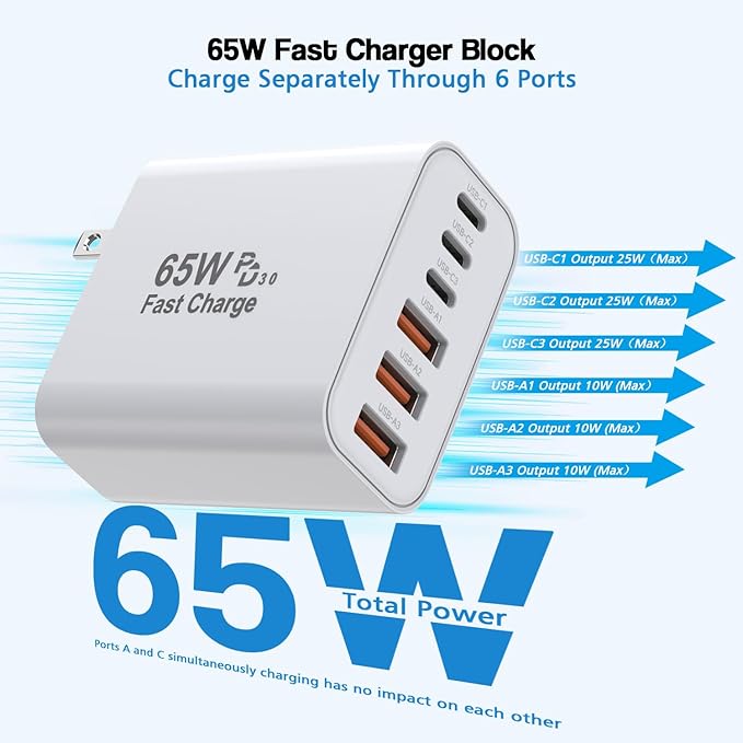 3 Pack 65W GaN Type C Wall Charger Block,6-Port Fast Charging Block,PD USB C Plug Adapter+QC Plug Compatible with Apple iPhone 17/17 Air/16E/16Pro Max/16Plus/16/15/14/13/12/11/XS Max,iPad Pro,AirPods