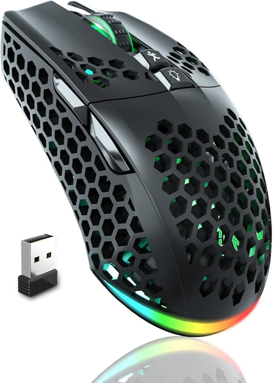 SM600 Honeycomb Shell Gaming Mouse Wireless,Tri-Modes BT5.1/2.4G Wireless/Type-C Wired Gamer Mouse with 2 Side Buttons, Macro Programmable and RGB Light for PC/Mac/Laptop,Black
