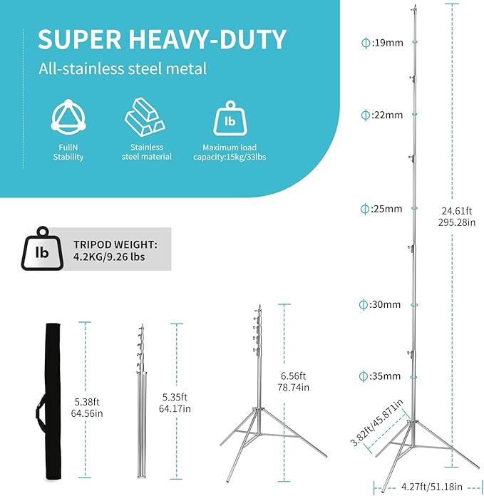 Camera Tripod - 24ft Tall Heavy Duty Professional Stainless Steel Telescoping Tripod with Spring Loaded Design, 1/4" and 3/8" Universal Screw for Action Cameras/Outdoor Shooting/Hunting