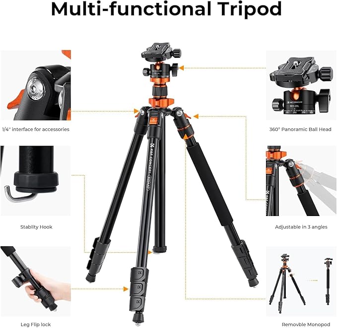 K&F CONCEPT 78 inch Camera Tripod for DSLR Compact Aluminum Tripod with 360 Degree Ball Head and 22lbs Load for Travel and Work K234A7+BH-28L (S210)