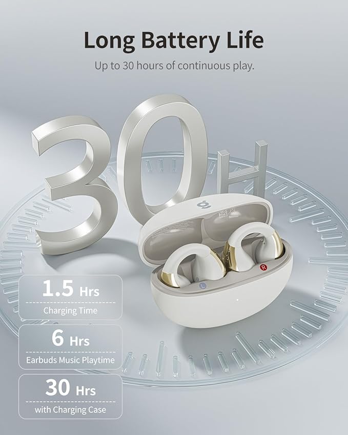 Open-Ear Earbuds, Clip-On Headphones, Open-Ring Comfort Wireless Bluetooth Earbuds, Dual Connection, 30H Playtime, Comfortable for Workouts and Daily Use, White