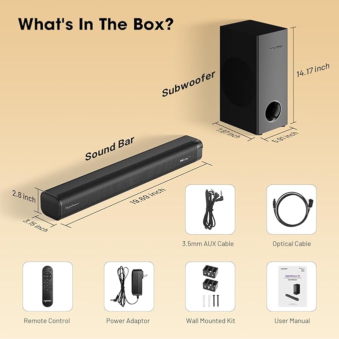 2.1CH Dolby Atmos TV Soundbar Speaker 5.3 Bluetooth 120W Output with 70W External Wired Subwoofer and Opt&AUX Cables,Deep Bass,Multiple Connection