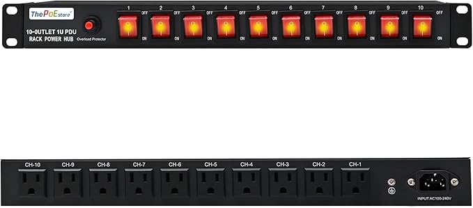 10 Outlet Horizontal 1U PDU Rack Mount Power Strip - Surge Protection,10 Individual Led Switches，AC 100V-240V-15A.for Network Server Racks, 6 ft Heavy Power Cord, ETL Listed