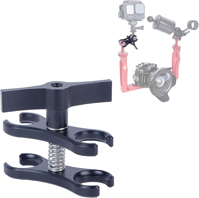 Butterfly Clip Mount with Dual Ball Heads - CNC Aluminum Alloy Spring-Loaded Open Clamp for Insta360/Gopr0 Cameras, LED Lights, Microphones (Ball Joint Compatibility, Underwater Photography) 63151A