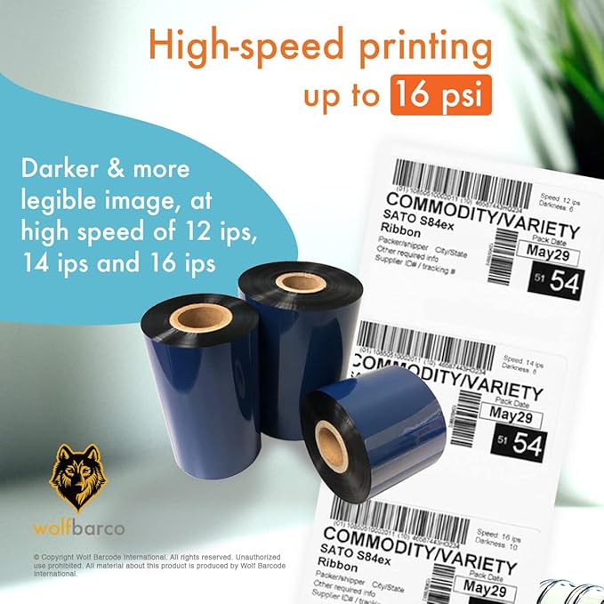 12 Rolls Wolfbarco 6.5" x 1476' (165mm x 450m) Black Premium Resin-Enhanced Wax Thermal Transfer Ribbon Compatible with Zebra,TEC, INTERMEC,Citizen,TSC,GODEX,ARGOX Printers