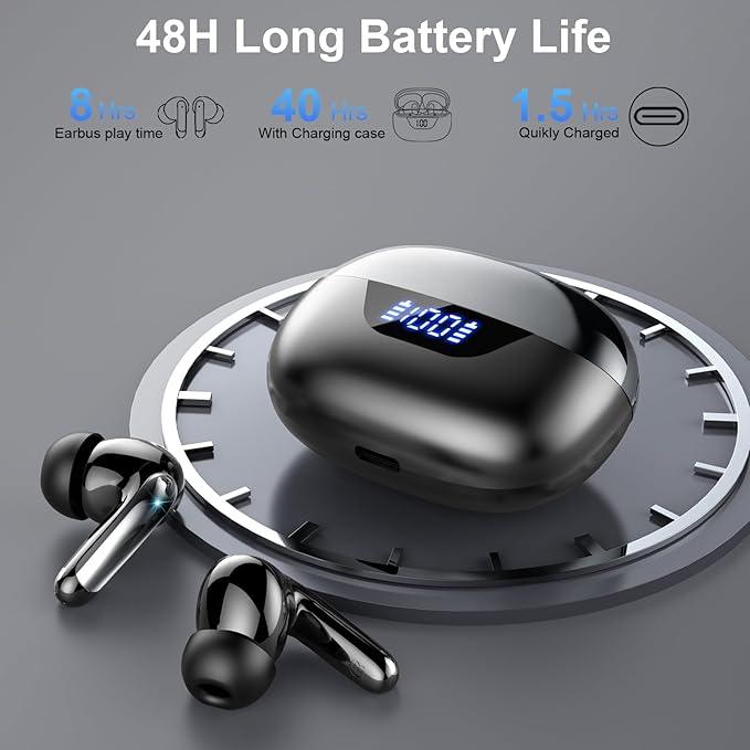 Wireless Earbuds Bluetooth 5.3 Headphones 48H Stereo Earphones in Ear with 4 ENC Mic Clear Calls, Noise Cancelling Ear Buds with LED Display Charging Case, IP7 Waterproof Sport Headset for Android iOS