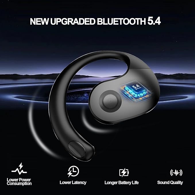 Open Ear Headphones Wireless Bluetooth 5.4, OWS Hanging Earphones Wireless Earbuds with Earhooks and Mic, IPX5 Waterproof, 48H Range, Out of Ear Earbuds for Sports Running Workout Driving(Black)